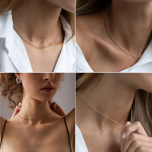 Vista 5 de Delicado collar de gargantilla de oro para mujer, chapado en oro de 14 quilates, cadena de satélite en capas, para adolescentes, perlas, estrellas