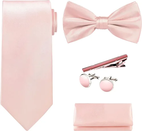 Vista 14 de TIE G 5pcs Tie Set in WHITE OR BLACK GIFT BOX: Solid Color Necktie, Satin Bow Tie, Pocket Square, Lapel, Cuff Links A-aqua