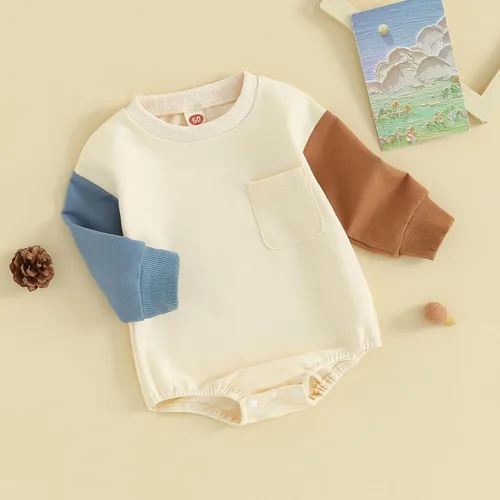 Vista 43 de Mameluco de manga larga con bloques de color para bebé, niño, niña, con bolsillo, cuello redondo, sudadera básica para otoño e invierno