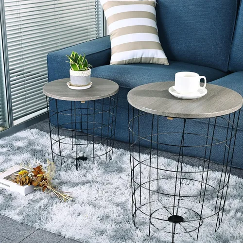 Vista 6 de Elevon Mesa auxiliar de mesa anidable, base de cesta de alambre con tapas de madera, juego de 2, gris