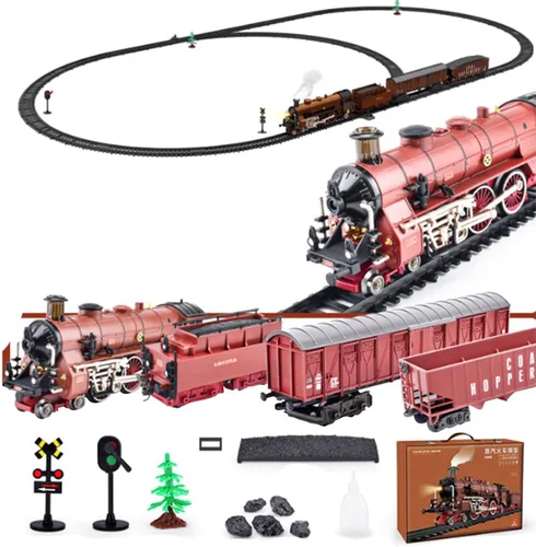 Vista 6 de Juego de tren eléctrico de aleación con luces y sonidos, modelo clásico de locomotora de vapor con pista larga y carruajes, juego de locomotora