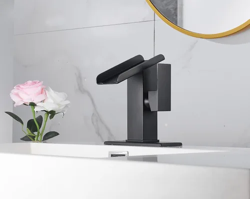 Vista 4 de Grifo de baño negro cascada 1 agujero baño lavabo lavabo fregadero grifo de una sola manija moderna lavabo grifo latón cubierta montaje comercial