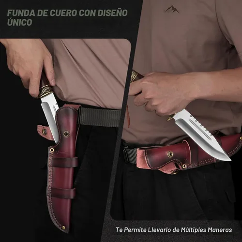 Vista 6 de DRACHENADER Cuchillo de caza de hoja fija con funda de cuero horizontal YU-LN, cuchillo de bushcraft de 10.63 pulgadas para hombres con mango