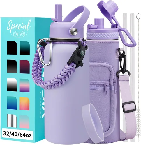 Vista 15 de Botellas de agua de 32 onzas aisladas con pajita y tapa para beber de un sorbo, asa de paracord, bolsa de transporte con correa, termo de triple