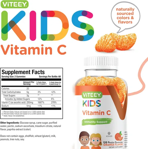 Vista 4 de Viteey Gomitas de vitamina C para niños, sabroso sabor a naranja masticable Apoyo inmunológico para niños, niños pequeños y adolescentes – Vegano