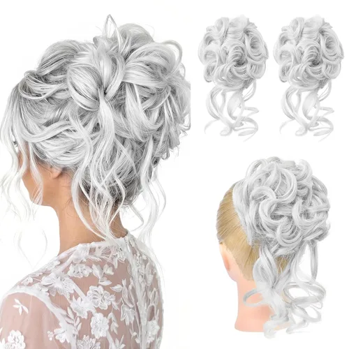 Vista 40 de HOOJIH 2 piezas de extensiones de cabello estilo moño despeinado, extensiones de cabello rizado y ondulado con tiras, cola de caballo, horquillas