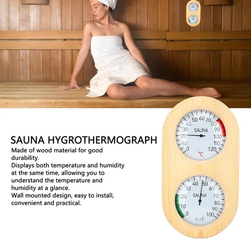 Vista 3 de Asixxsix Sauna Room Thermometer Hygrometer, Wooden 2 in 1 0120 0100% Wall Mounted Sauna Hygrothermograph with Clear Glass Cover, for Steam Room