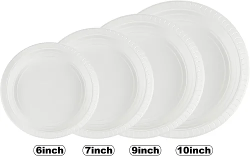 Vista 5 de Blue Sky Platos de plástico blanco de 9 pulgadas, 200 unidades, platos de plástico desechables, aptos para microondas, perfectos para fiestas