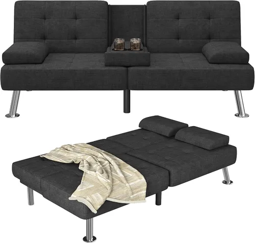 Vista 13 de Furmax Sofá Cama Futón Ajustable Sofá Cama Futón Sleeper para Sala de Estar, Oficina de Negocios, Sofás Reclinables con Portavasos (Cuero PU, Negro)
