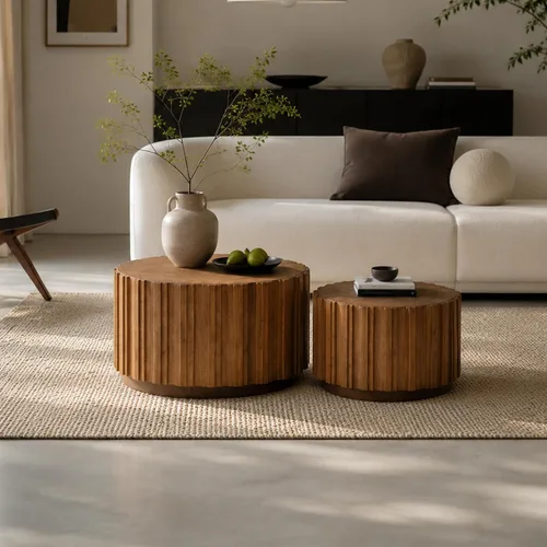 Vista 10 de Mesa auxiliar redonda pequeña, moderna mesa auxiliar anidable de madera para sala de estar, sin montaje, color beige S1-beige