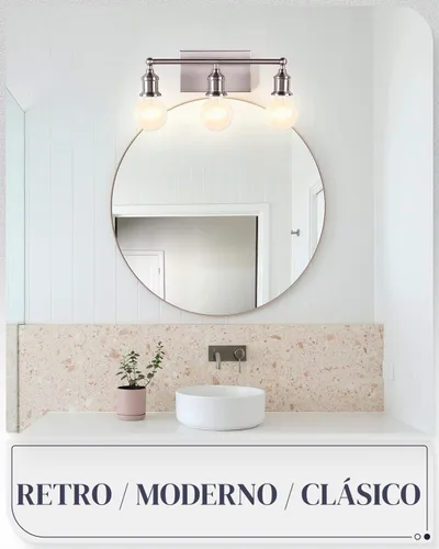 Vista 2 de Lámpara de tocador de 3 luces, moderna lámpara de pared de níquel cepillado, iluminación industrial de pared de tocador de baño para espejo, base