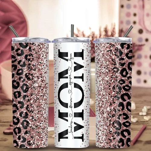 Vista 6 de Vaso delgado personalizado con purpurina con tapas y popotes, nombres, vasos de acero inoxidable personalizados con imagen para mujeres, hombres