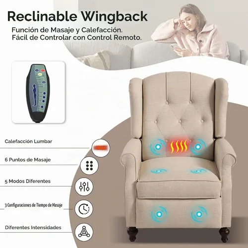 Vista 3 de Silla Wingback con masaje y calor, silla reclinable de tela copetuda, silla reclinable con respaldo de ala con control remoto, cojín acolchado