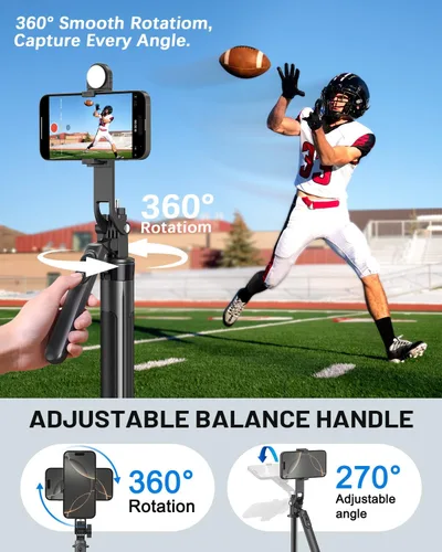 Vista 5 de Kit de vlogging Yeaki para iPhone/Android, palo selfie trípode de 180 cm para iPhone con luz, control remoto inalámbrico y micrófono, trípode