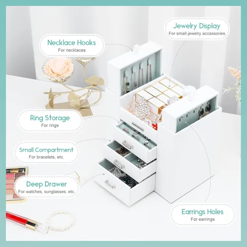 Vista 3 de Homde Organizador de joyas para niñas y mujeres, joyero, collares, anillos, aretes, soporte de exhibición, estuche de almacenamiento de joyas