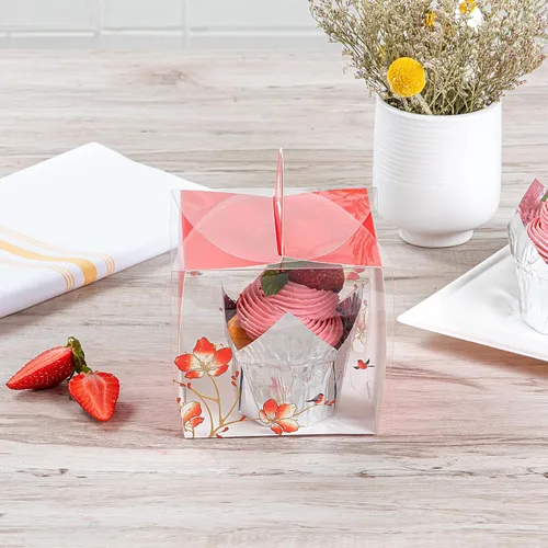 Vista 4 de Restaurantware - Cajas individuales para cupcakes de 4 x 4.25 pulgadas, 100 cajas de exhibición desechables para cupcakes - Con asa, acento de Rojo