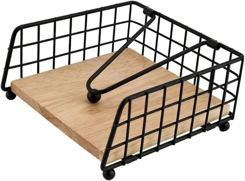 Vista 7 de Wooden and Iron Napkin Holder Flat Napkin Dispenser with Metal Arm Decorative Table Stand Suitable for Dining Room Kitchen, Black