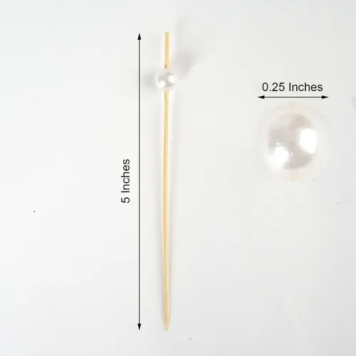 Vista 3 de Efavormart - Paquete de 100 brochetas de bambú natural de 4.75 pulgadas con palillos de cóctel de perlas blancas