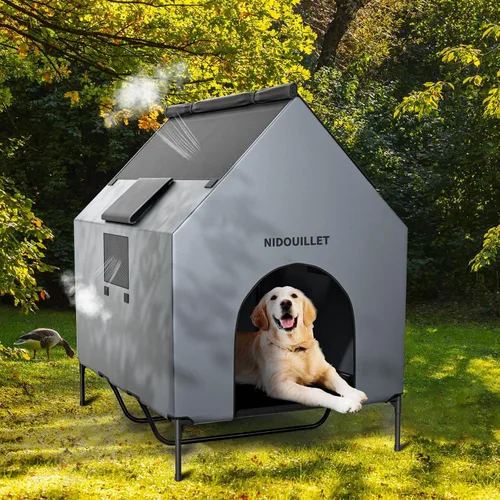Vista 5 de Casa para perros de 48" para exterior e interior, casas para perros extra grandes resistentes a la intemperie 600D PVC con cama elevada para perros