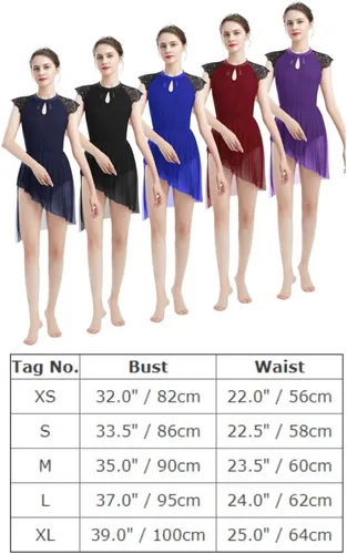 Vista 7 de ODASDO Elegante vestido de baile lírico para mujer, manga casquillo de encaje, falda de tul asimétrica, leotardo, disfraz contemporáneo, XS-XL