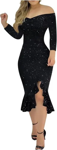 Vista 2 de Sparkly Dresses for Women Casual Sexy One-Line Neck Ruffle Slit Sequin Dress PartyDresses for Women 2023