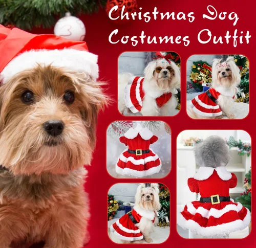 Vista 5 de Idepet Traje de Navidad para perro, vestido de Papá Noel, disfraz de cachorro, falda de Navidad para perros y gatos pequeños, ropa térmica de Falda