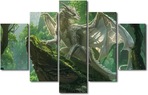 Vista 11 de Lienzo decorativo para pared de sala de estar, lienzo de dragón, 5 paneles, dragón verde, decoración de pared para el hogar, decoración de pared