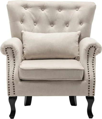 Vista 33 de Juego de 2 sillas decorativas modernas de mediados de siglo, sillón de tela de lino con respaldo acolchado/patas de madera, sillón de descanso