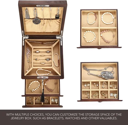 Vista 2 de TITISKIN Joyero de madera extra grande, caja de almacenamiento de joyas de 3 capas, joyero para mujer