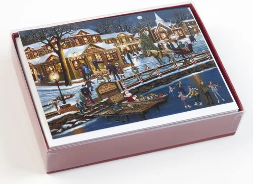Vista 2 de Caja de tarjetas navideñas de pueblo navideño, 15 tarjetas y 16 sobres de papel de aluminio