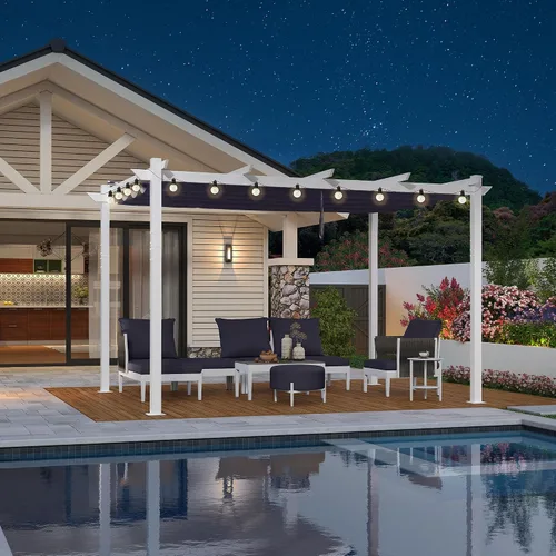 Vista 19 de PURPLE LEAF Pergola retráctil de 10 x 10 pies, pérgola blanca, toldo extra, azul marino