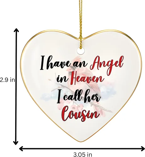 Vista 3 de Adorno de Navidad conmemorativo personalizado 2025 – Recuerdo de cerámica en forma de corazón – Tengo un ángel en el cielo I Call Her Primo – Regalo