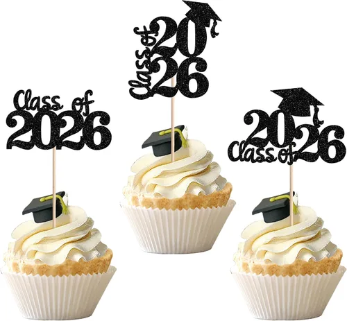 Vista 38 de 24 piezas 2026 temáticas de graduación 2026 decoraciones para cupcakes con purpurina clase de 2026 Diploma Congrats 2026 Tapa de graduación