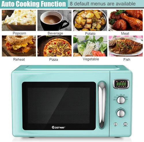 Vista 4 de COSTWAY horno microondas retro para encimera, 0.9 ft³, 900 W, con 5 niveles de potencia, funciones de descongelamiento y cocción automática