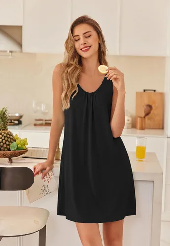 Vista 2 de Ekouaer Camisones para mujer, de viscosa de bambú, sin mangas, para dormir, con cuello en V, ropa de dormir