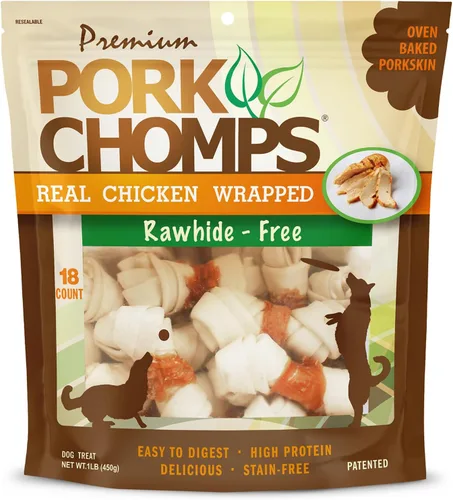 Vista 8 de Pork Chomps Masticables para perros de piel de cerdo horneada, mini nudos de 2.5 pulgadas, tira sabor tocino, 12