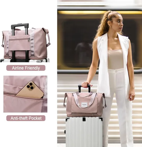 Vista 5 de WOOMADA Bolsa de viaje plegable, bolsas de fin de semana para mujer, bolsa de mano con espacio expandible, bolsas de transporte para aviones