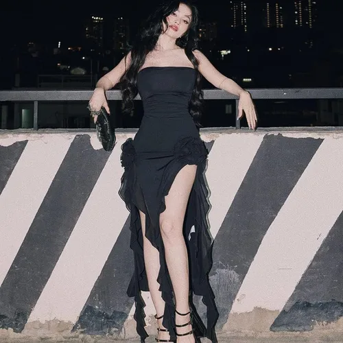 Vista 5 de Vestido sexy con borlas y volantes para mujer, sin mangas, 3D, con abertura alta, ajustado, vestido midi irregular para fiesta de club, trajes
