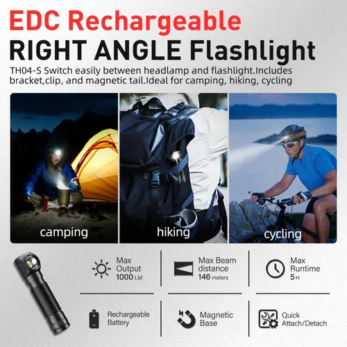 Vista 7 de SuperFire Linterna frontal recargable de 1000 lúmenes, luz impermeable para manos libres con 5 modos y base magnética, regalo para hombres, papás