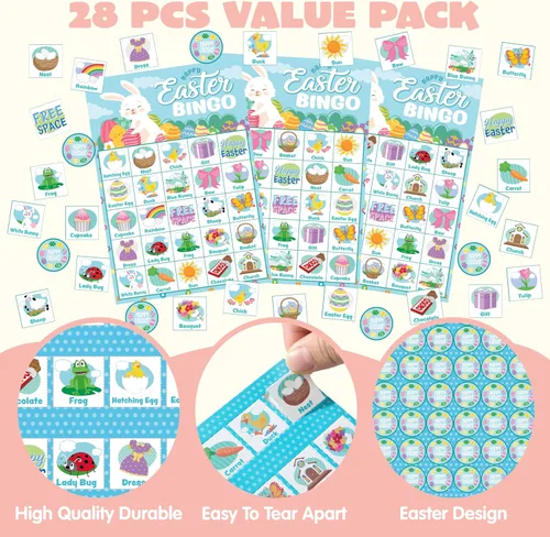 Vista 2 de JOYIN Tarjeta de bingo de Pascua para 28 jugadores (5 x 5) con color azul para niños, niñas y adultos, juegos de Pascua, actividades escolares