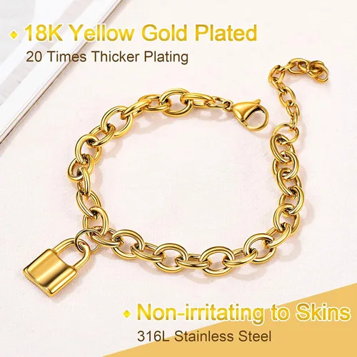 Vista 3 de FOCALOOK Pulseras de cadena de eslabones para mujer, pulseras personalizables, chapadas en oro de 18 quilates, pulsera con dije de bloqueo de cadena