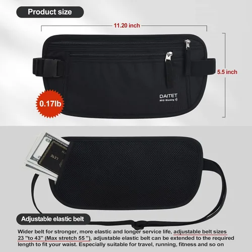 Vista 4 de DAITET Cinturón de dinero, soporte para pasaporte, cartera de viaje oculta segura con bloqueo RFID, riñonera encubierta (negro), Negro, Rfid