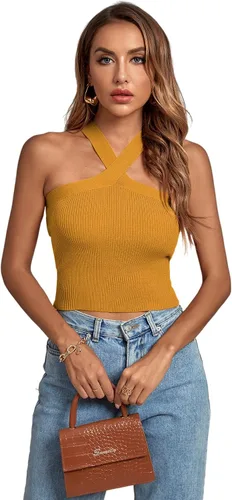 Vista 6 de Umenlele Camiseta corta sin mangas con cuello halter cruzado para mujer