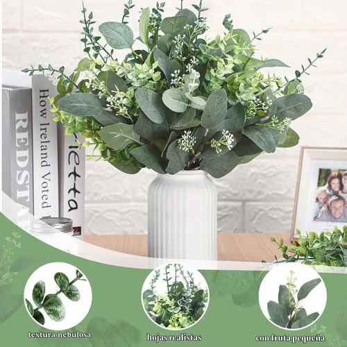 Vista 5 de Ceenna 30 piezas de hojas de eucalipto mixtas de 6 tipos de tallo a granel vegetación artificial Paquete de eucalipto de dólar plateado falso