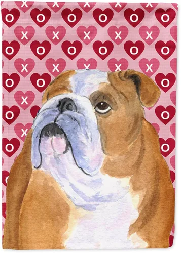 Vista 177 de Caroline's Treasures SS4484GF Bandera de jardín con diseño de bulldog inglés y corazones para el Día de San Valentín, bandera decorativa para patio
