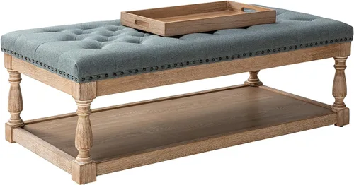 Vista 7 de HULALA HOME - Mesa de café otomana rectangular con bandeja, otomana acolchada para sala de estar con estante de almacenamiento de madera maciza, azul