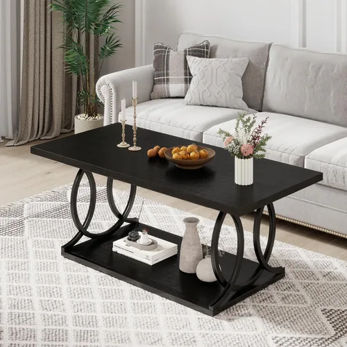 Vista 2 de BECHAEO Mesa auxiliar industrial moderna para sala de estar, 41.7 pulgadas, parte superior rectangular de madera gruesa con patas de arco de metal