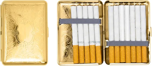 Vista 9 de Juego de 2 cajas de cigarrillos compactas chapadas en metal tamaño King con bandas elásticas (oro ovalado)