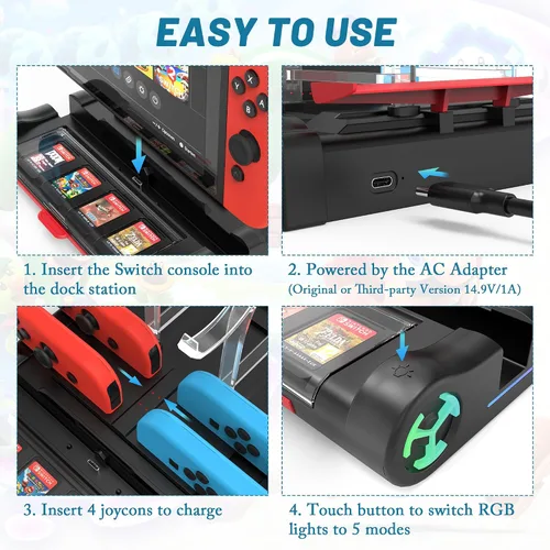 Vista 6 de Qoroos Estación de carga para Nintendo SwitchOLED Estación de carga Joy Con Base de carga Soporte Nintendo Switch Dock con 8 ranuras para tarjetas