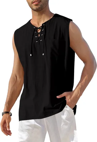 Vista 2 de KUYIGO Camisetas sin mangas de lino y algodón para hombre, estilo casual, con cordones, para playa, hippie